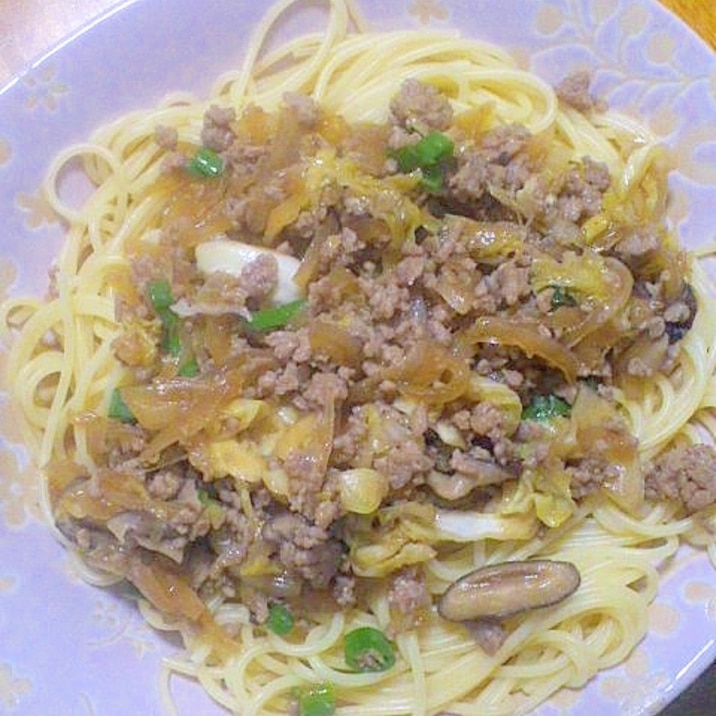 めんつゆ和風ひき肉パスタ